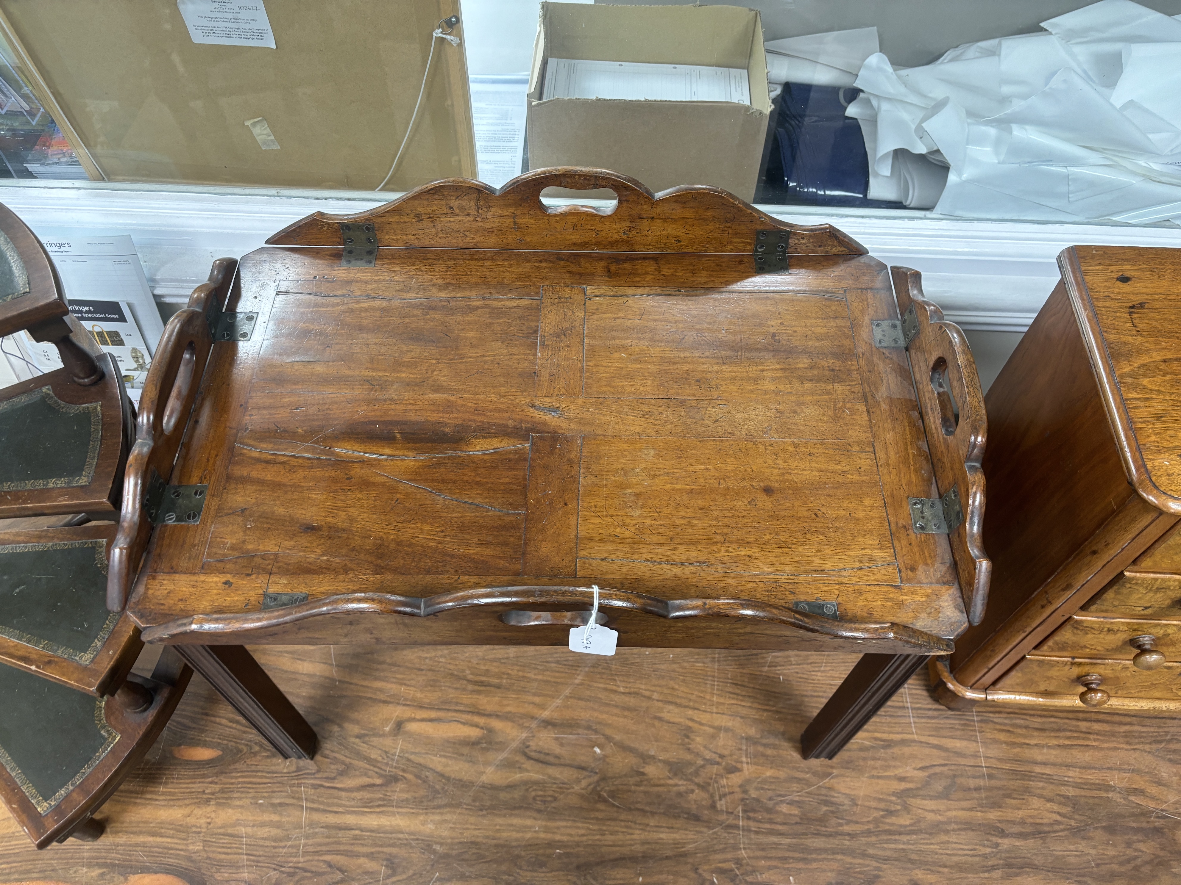 A 19th century mahogany rectangular butler's tray on associated stand, width 72cm, depth 47cm, height 53cm